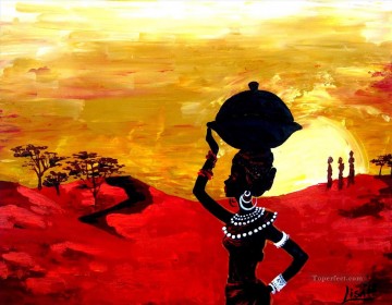 Mujer negra con tarro en el atardecer africano Pinturas al óleo